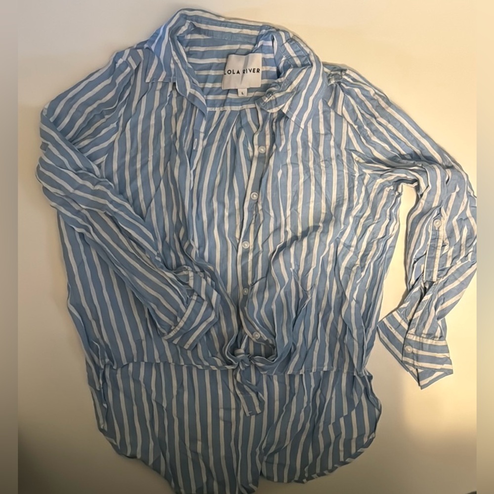LOLA RIVER NYC light blue & white striped blouse Size: L
